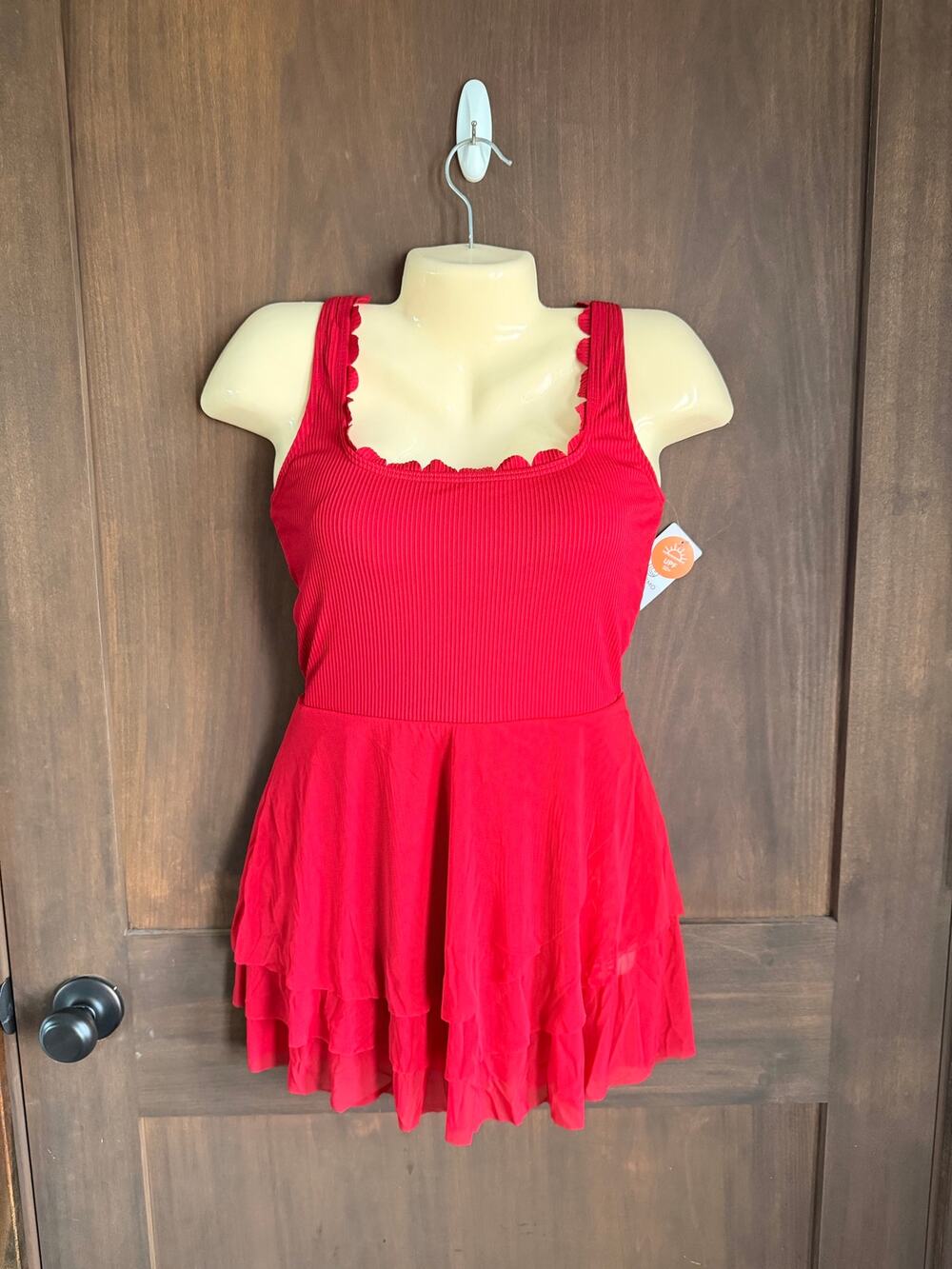 Charmo Small Red Ribbed Swim Dress One Piece UPF 50+ Ruffle